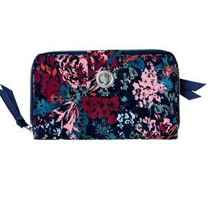 Vera Bradley RFID Twill  Turnlock Wallet Cabbage Rose Cabernet Blue Floral Print